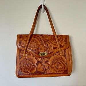 Vintage Gaitan Hand Tooled Embossed Leather Purse Latch Closure Compartments